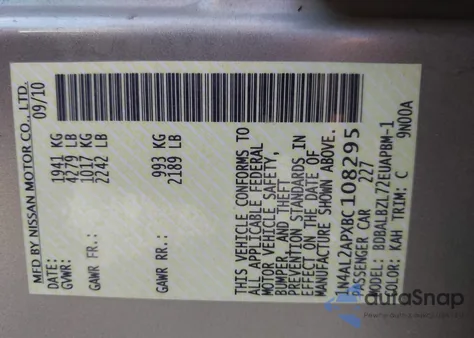 2011 Nissan Altima 2.5 S from USA, damaged, VIN 1N4AL2APXBC108295